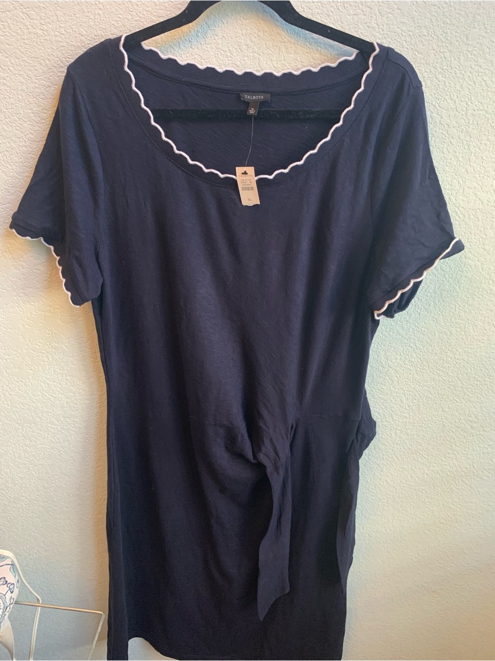 Talbots Navy Tunic with White Scallop Trim